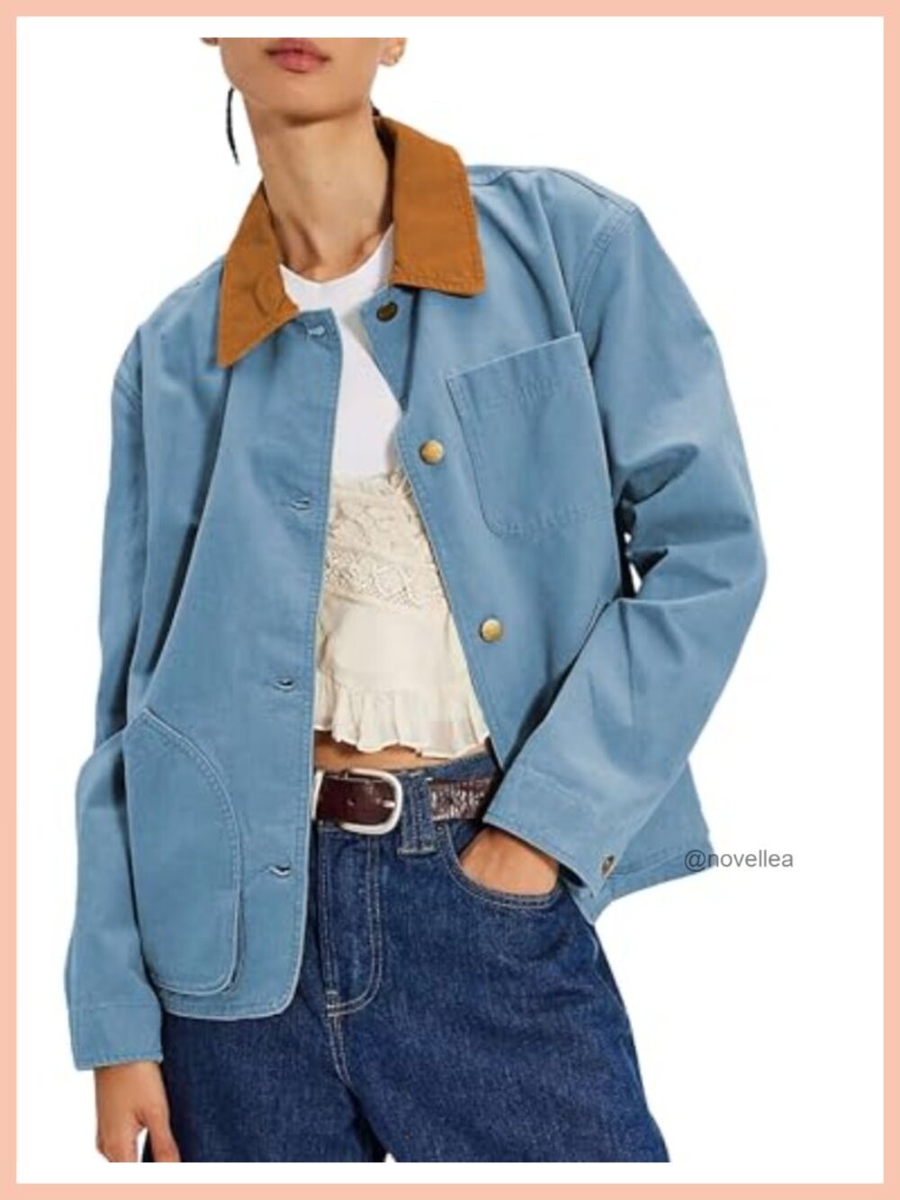 Womens Cropped Utility Jacket Contrast Collar Button Up Field Coat